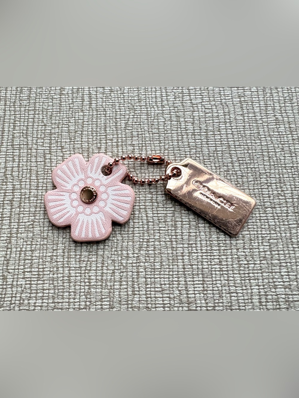 NWOT COACH Pink Leather Tea Rose Rose Gold Hang Tag Hangtag Mini Bag Charm Fob